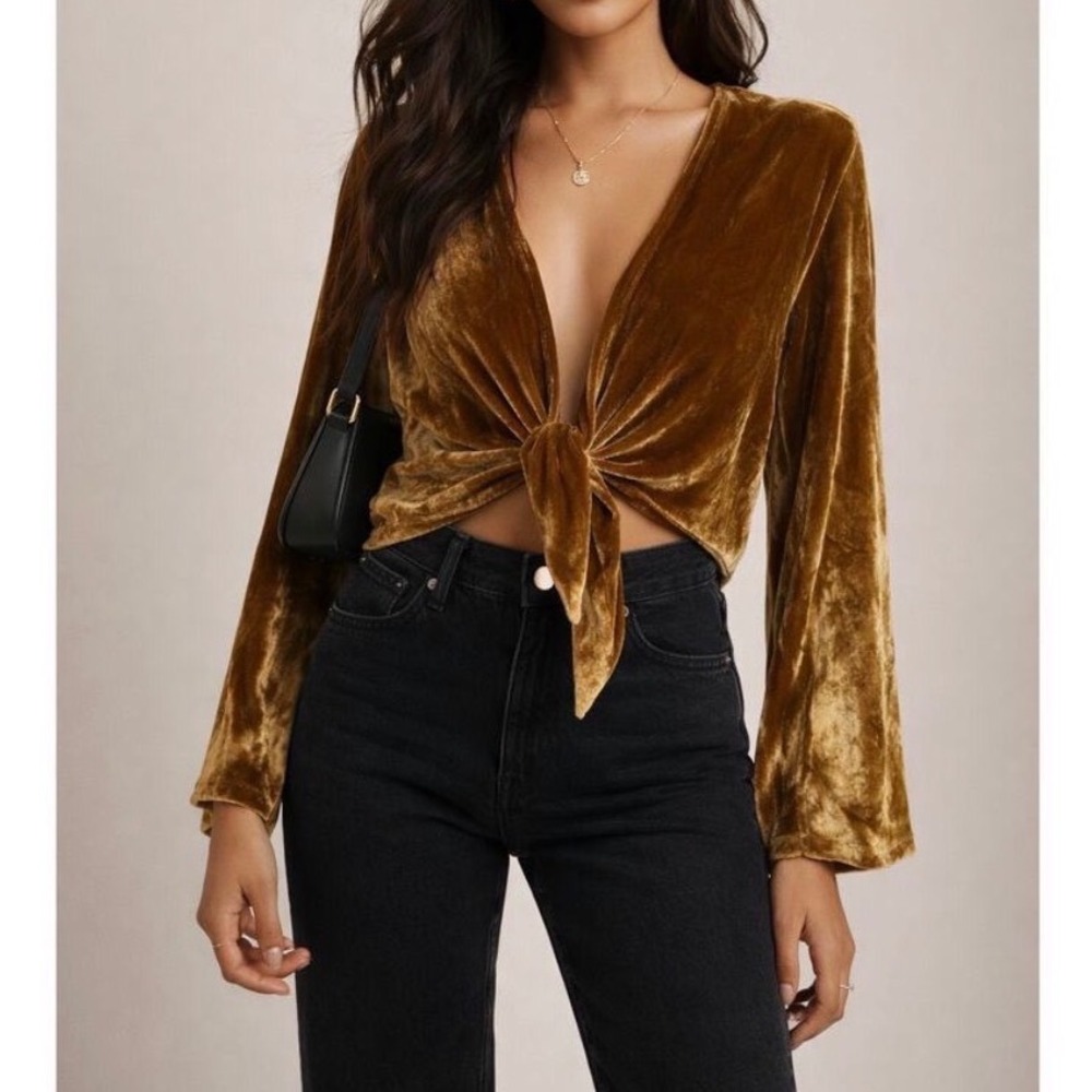 Reformation Fez Velvet Tie Front Top Golden Silk Blend Long Sleeve - XSmall